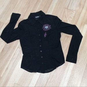 Bisou Bisou Sheer Black Blouse with Rhinestones